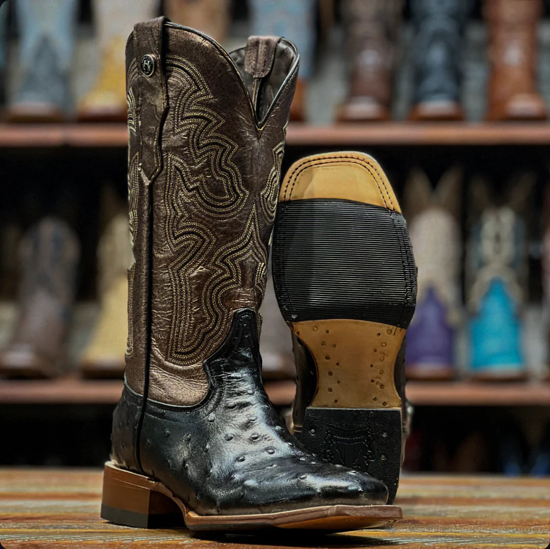 Tanner Mark Women's Black Embossed Ostrich Print Western Boot