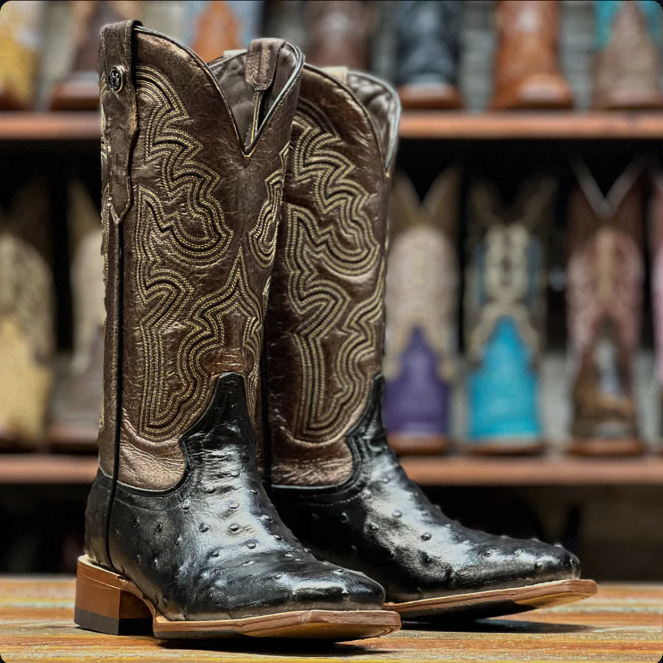 Tanner Mark Women's Black Embossed Ostrich Print Western Boot
