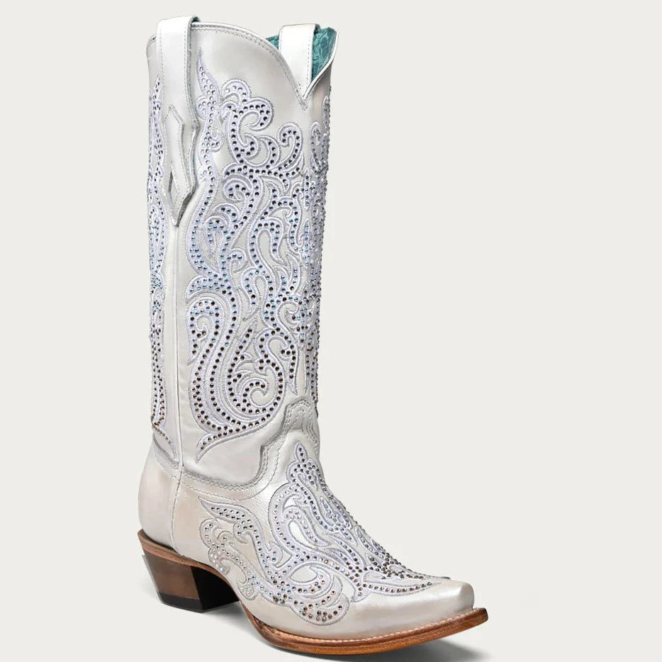 Corral Women's White Embroidery & Crystals Snip Toe Western