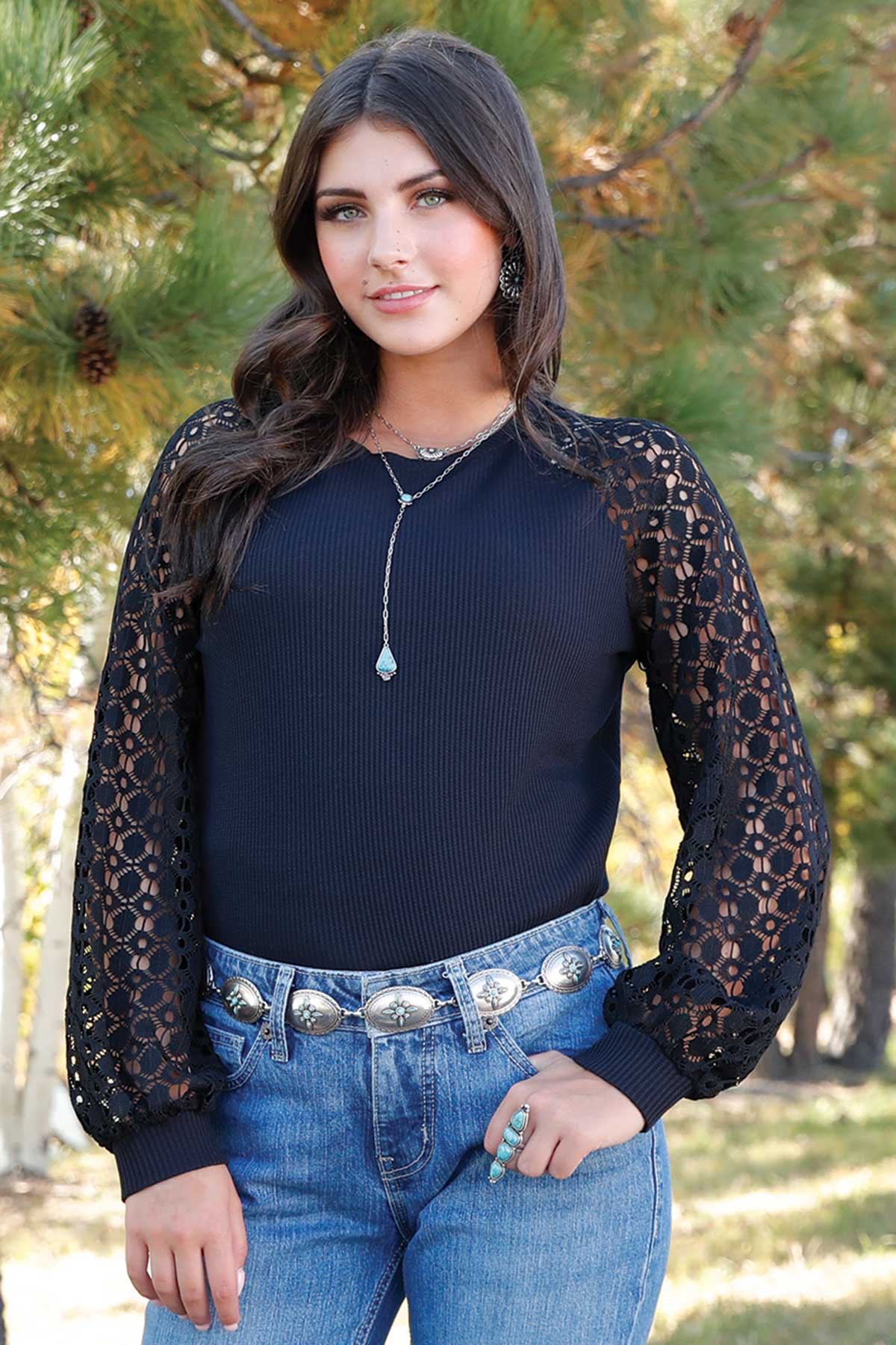 Cruel Women's L/S Waffle Knit Blouse in Black