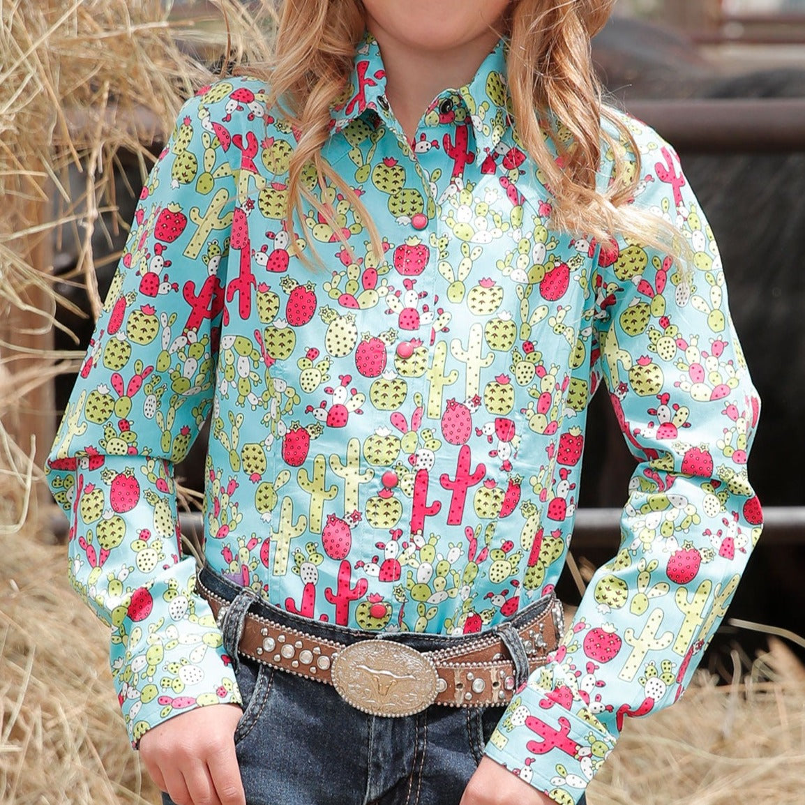 Cruel Girl's Cacti Long Sleeve Western Snap Shirt in Blue