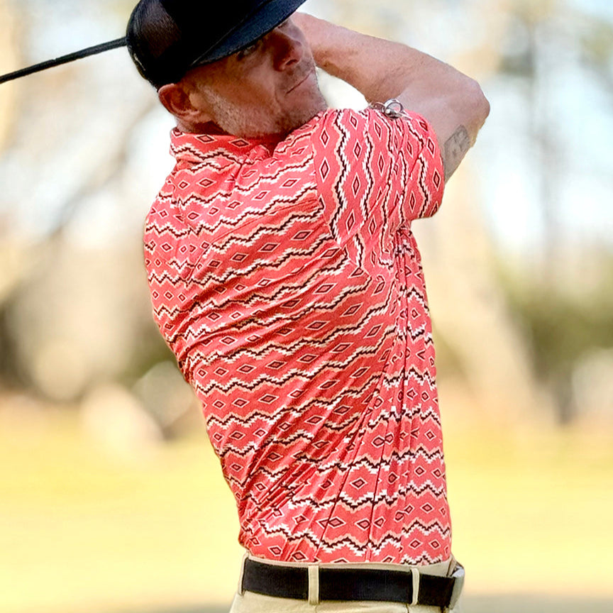 Red Dirt Hat Co. Men's S/S Aztec Polo in Coral