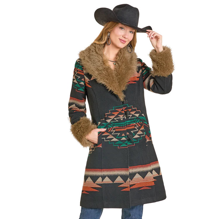 Powder River Outfitters Women's Aztec Jacquard Fur Trim Coat
