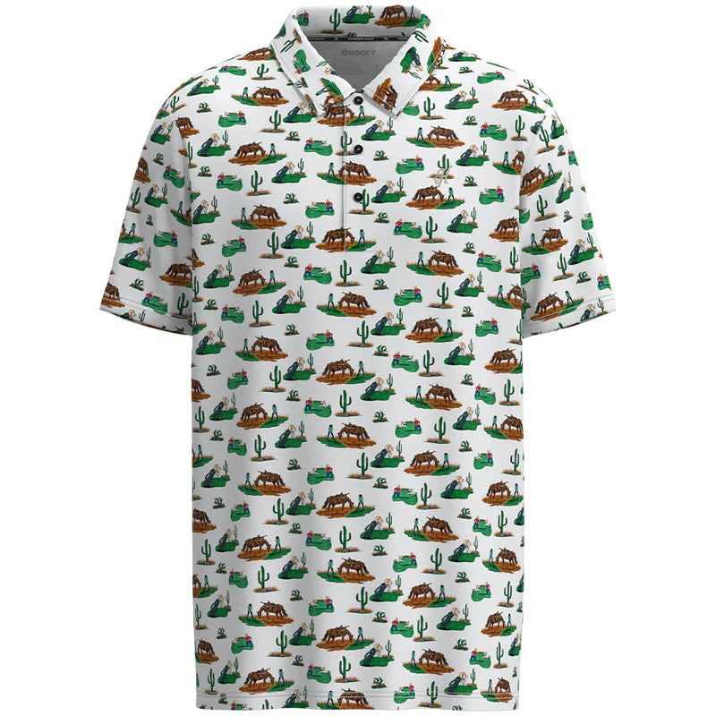Hooey Men's "The Weekender" Short Sleeve Cowboy Golf Pattern Polo in White