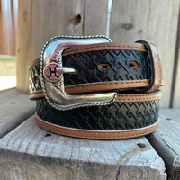 Hooey Men's "Hands-Up" Basket Weave Belt in Black & Tan