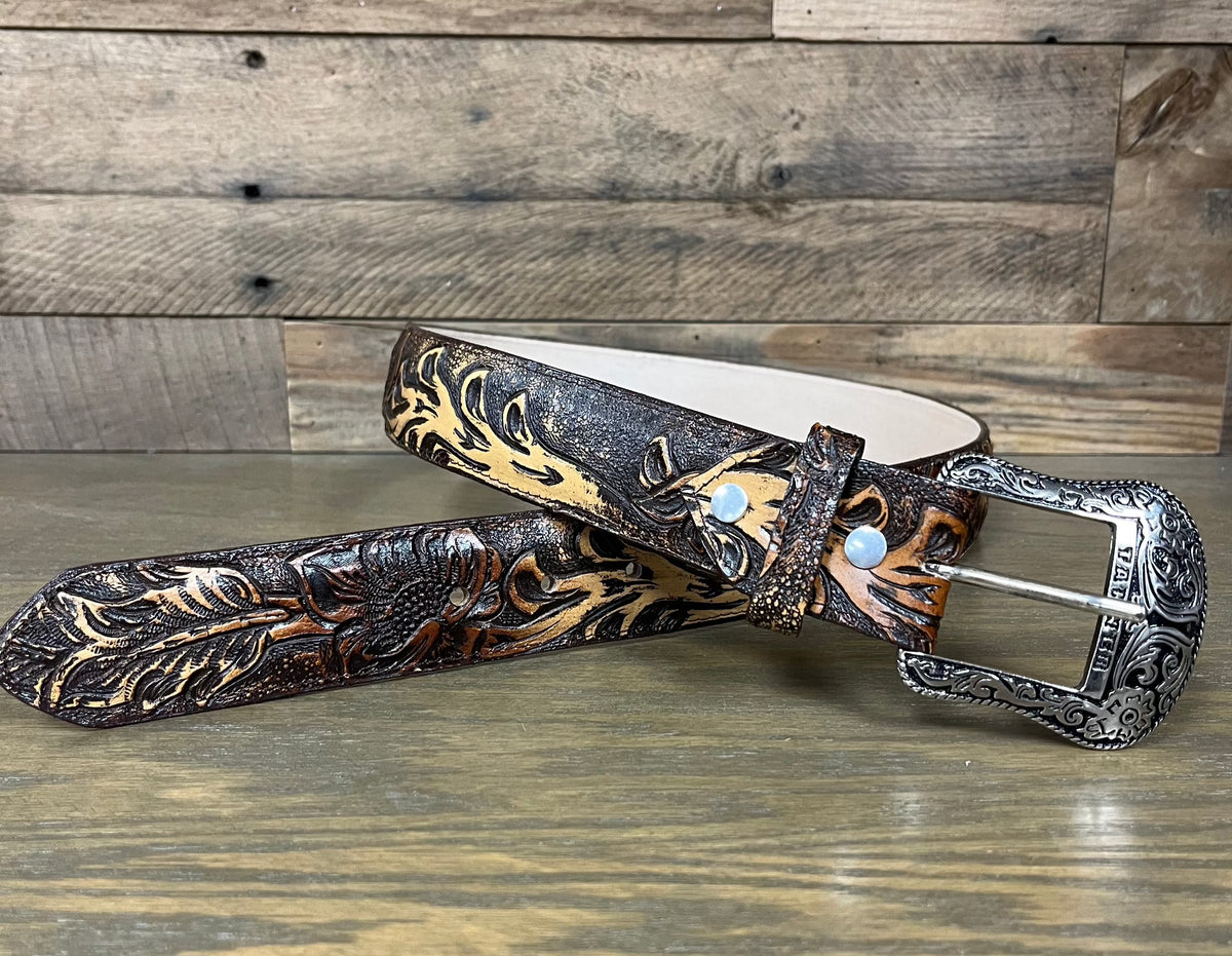 Tanner Mark Men's Hand Tooled Jungle Foliage Orix Leather Belt