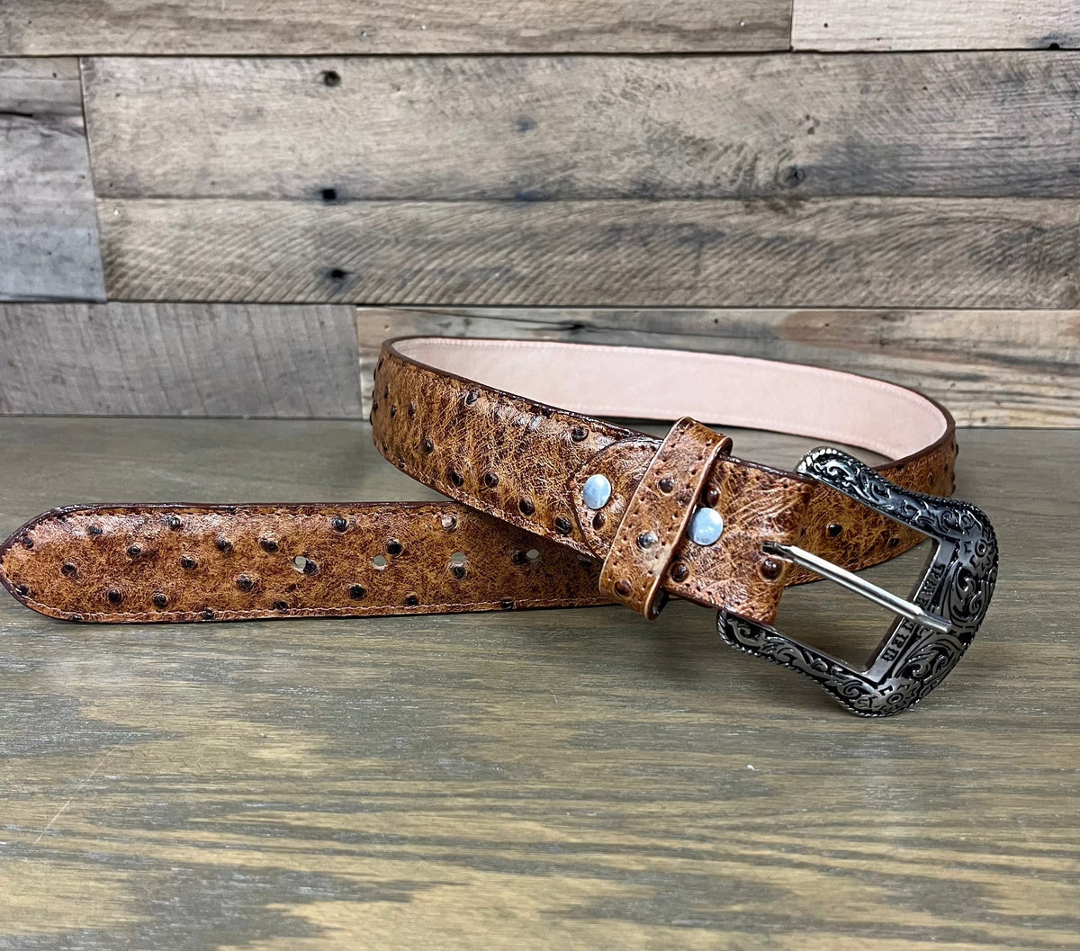 Tanner Mark Men's Ostrich Inspired Rustic Cognac Leather Belt