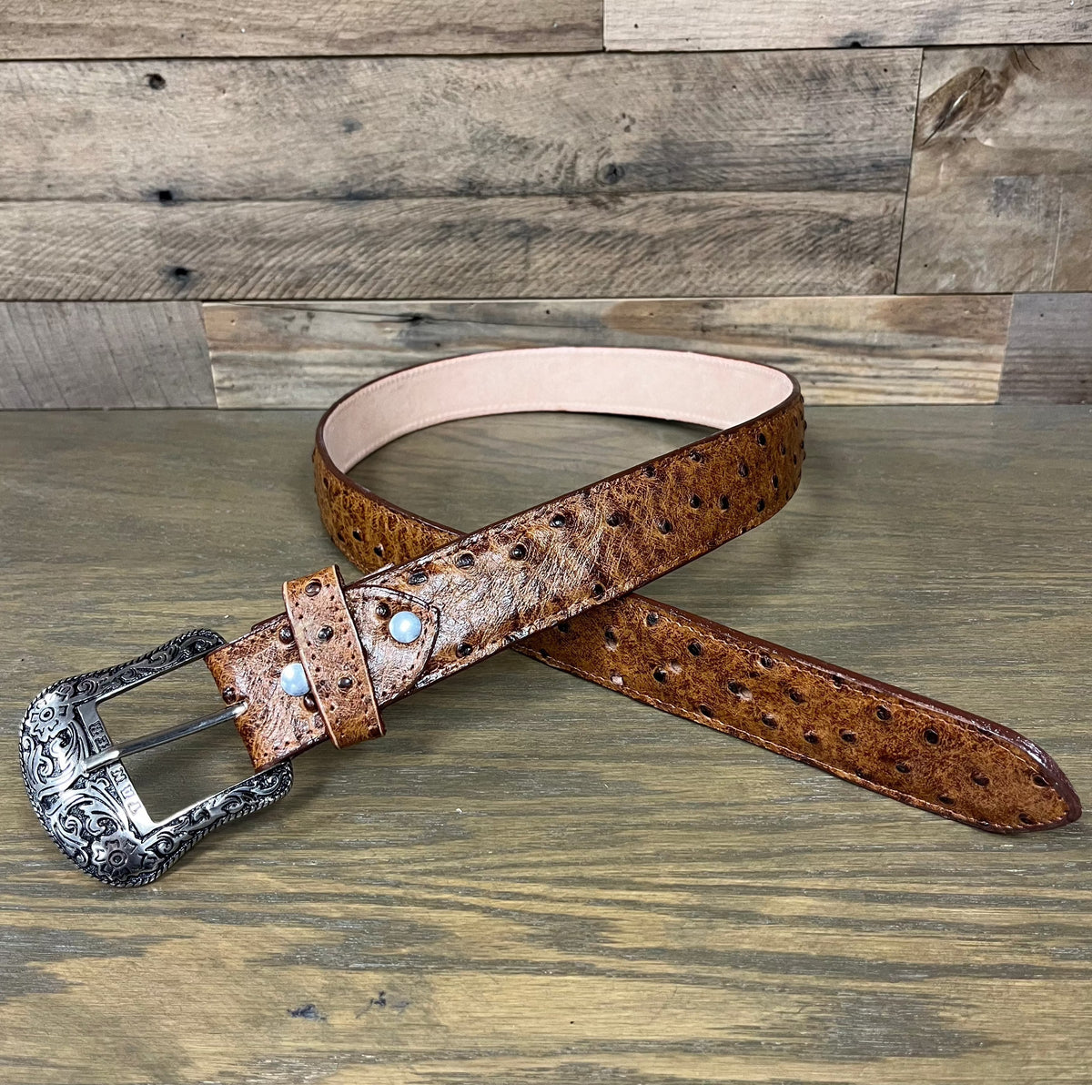 Tanner Mark Men's Ostrich Inspired Rustic Cognac Leather Belt