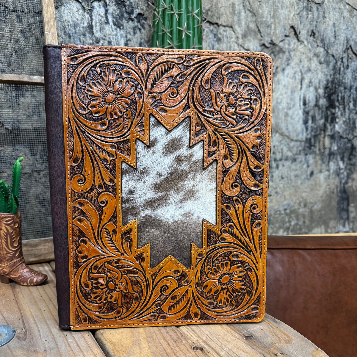 Leather Floral Embossed Aztec Cowhide Portfolio