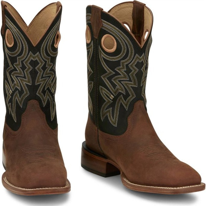 Justin Men's Big News Western Boot in Black & Brown Cowhide