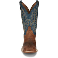 Justin Men's Bent Rail Poston Western Boot in Amber Brown Cowhide/Royal Navy