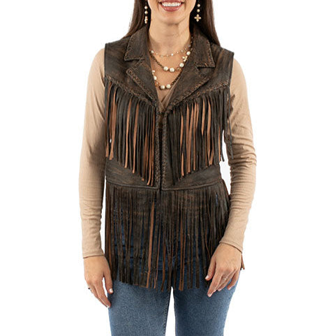 Scully Women's Lambskin Leather Fringe Vest in Brown