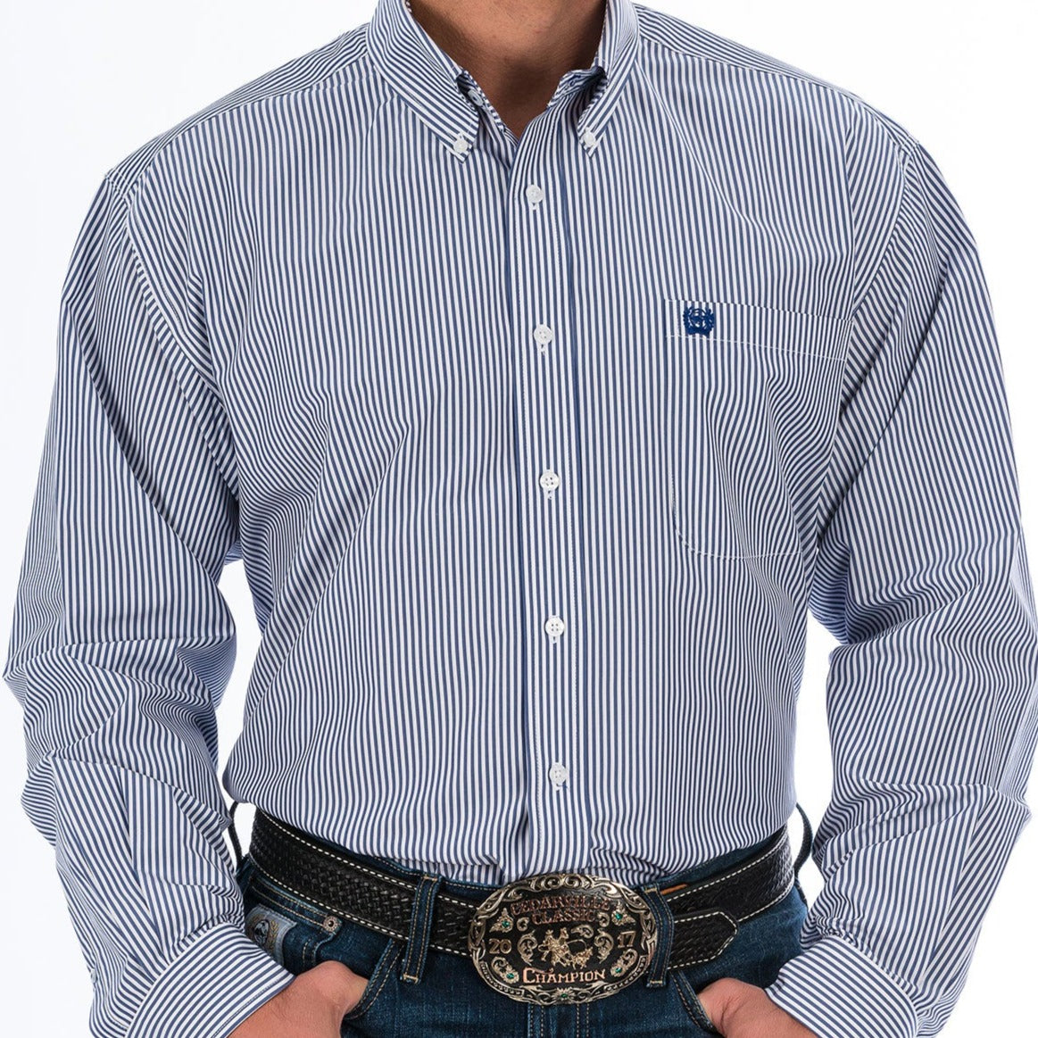 Cinch Men's Tencel L/S Striped Western Button Down Shirt in Royal Blue