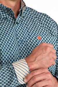 Cinch Men's L/S Classic Fit Circle Geometric Print Button Down Shirt in Teal