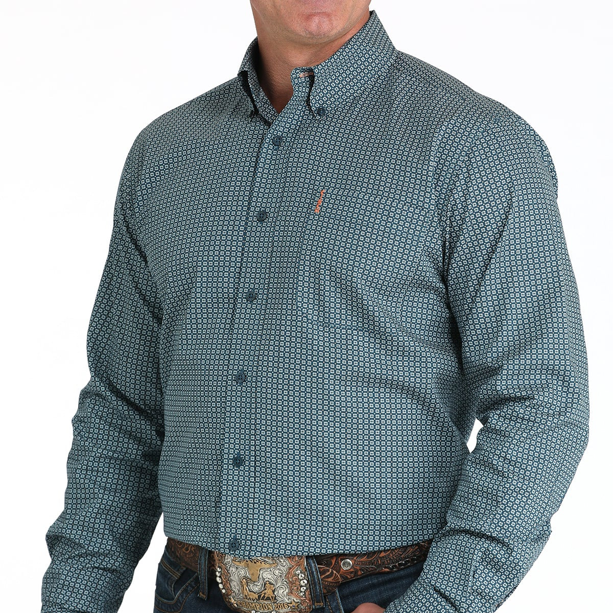 Cinch Men's L/S Modern Fit Teal Square Print Western Button Down Shirt in Teal