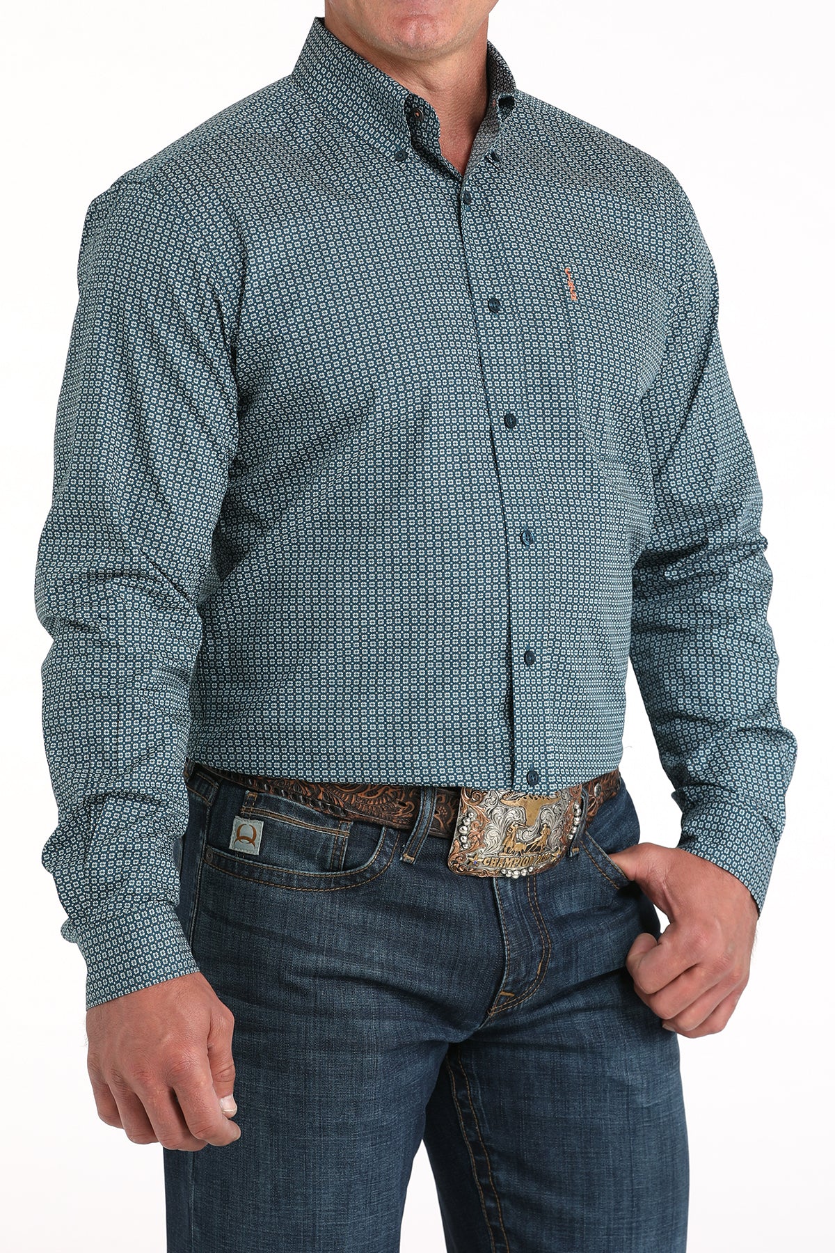 Cinch Men's L/S Modern Fit Teal Square Print Western Button Down Shirt in Teal