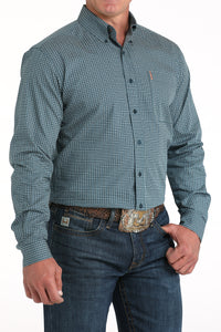 Cinch Men's L/S Modern Fit Teal Square Print Western Button Down Shirt in Teal
