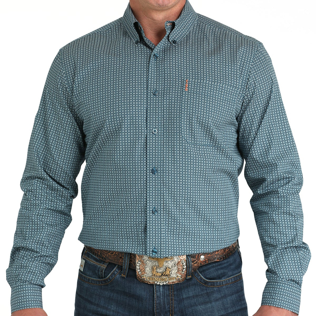 Cinch Men's L/S Modern Fit Teal Square Print Western Button Down Shirt in Teal