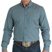 Cinch Men's L/S Modern Fit Teal Square Print Western Button Down Shirt in Teal