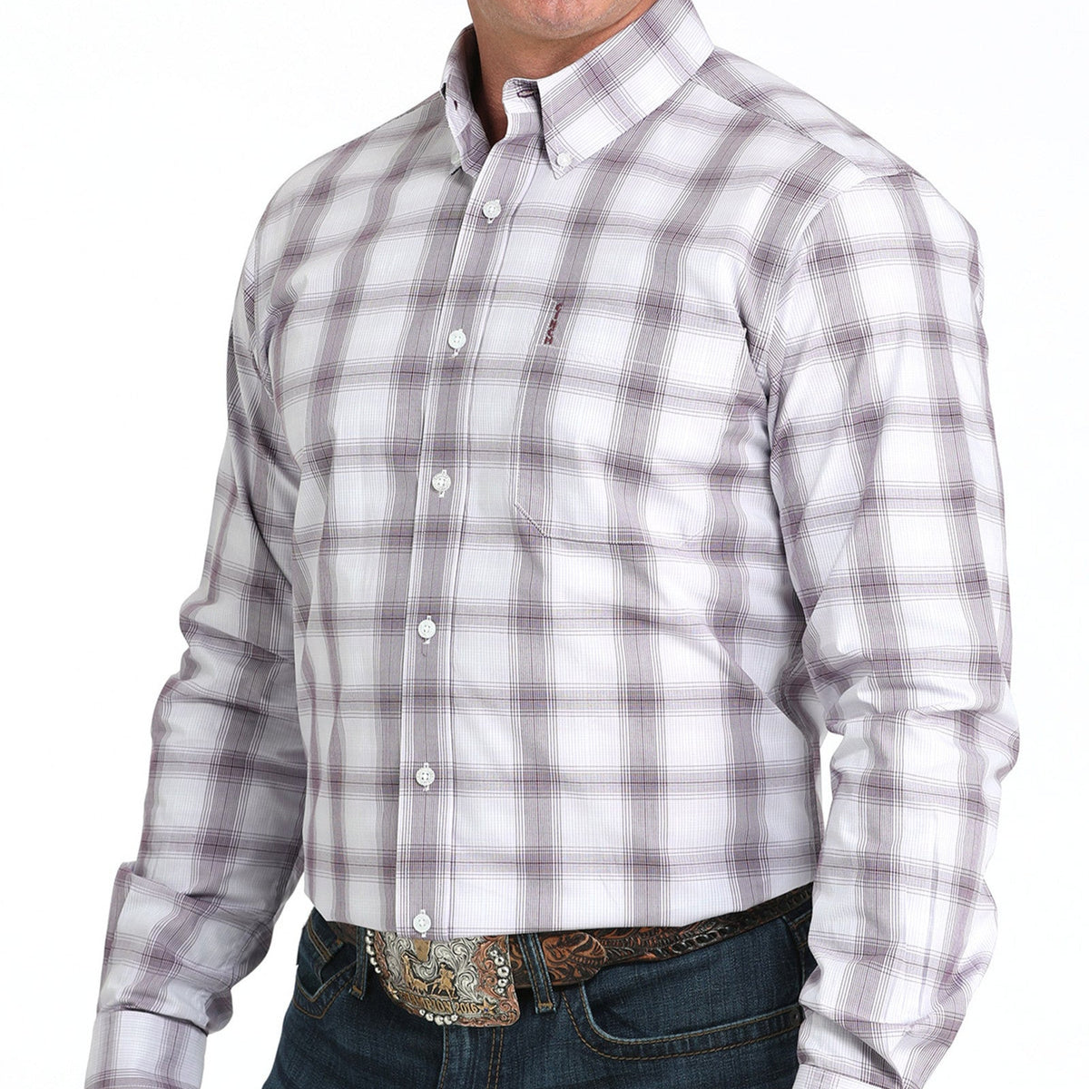 Cinch Men's L/S Modern Fit Plaid Western Button Down Shirt in White and Purple