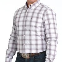 Cinch Men's L/S Modern Fit Plaid Western Button Down Shirt in White and Purple