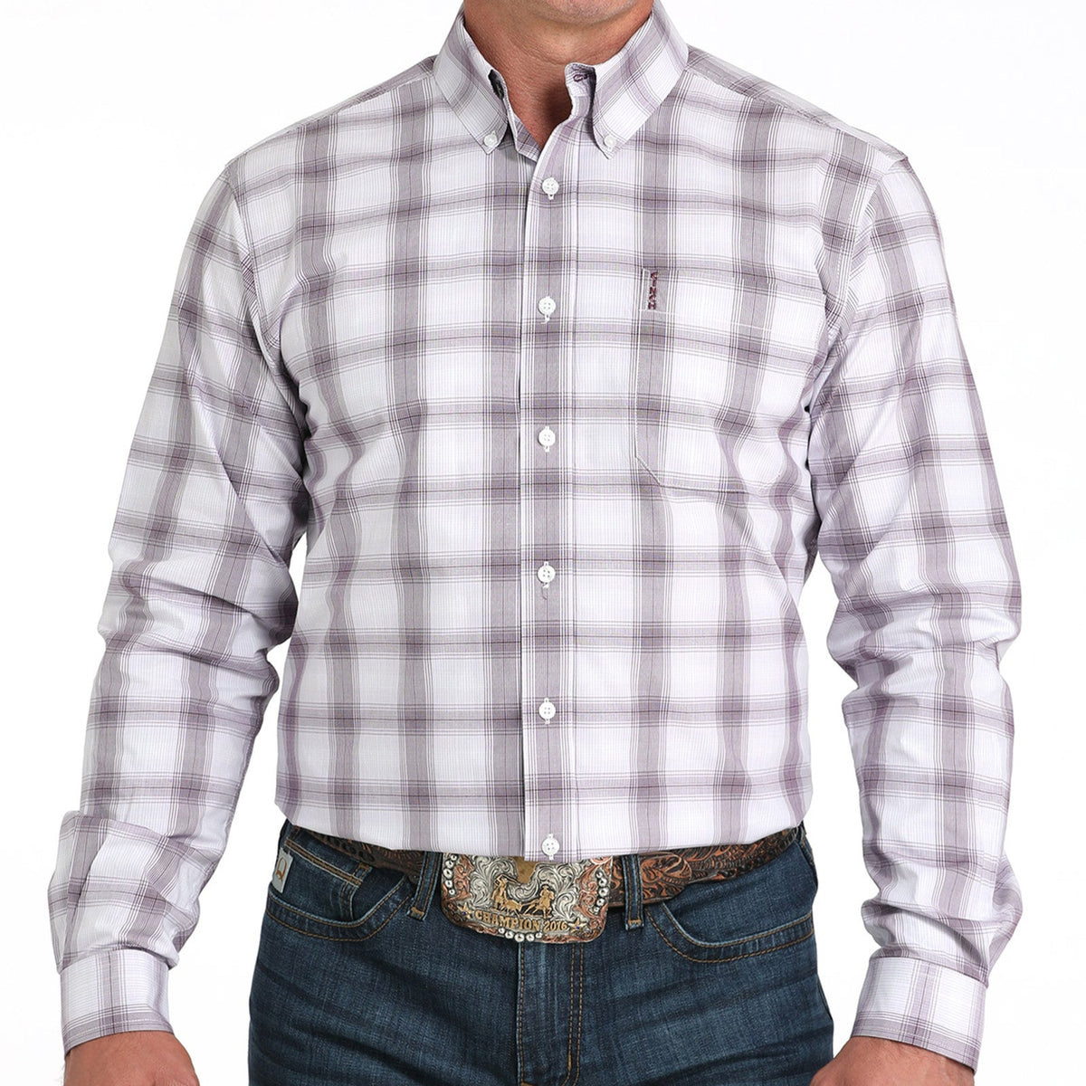 Cinch Men's L/S Modern Fit Plaid Western Button Down Shirt in White and Purple