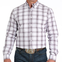 Cinch Men's L/S Modern Fit Plaid Western Button Down Shirt in White and Purple