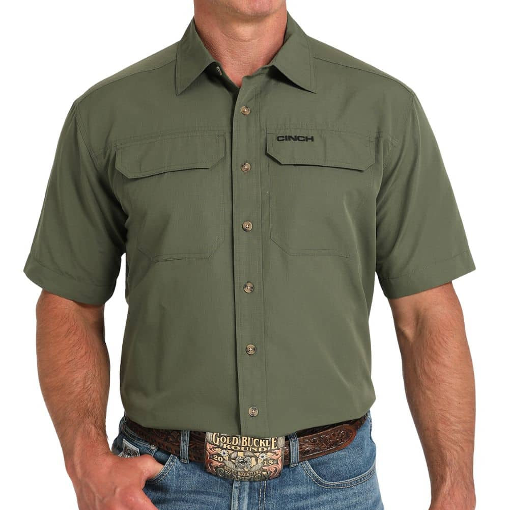 Cinch Men's S/S Arenaflex Ripstop Solid Western Button Down Shirt in Olive