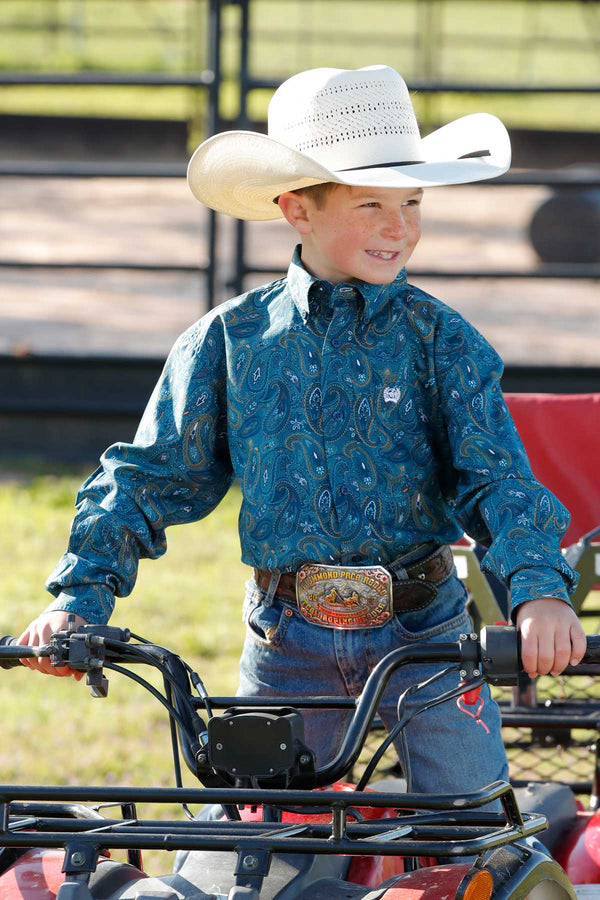 Cinch Youth Boy's L/S Paisley Western Button Down Shirt in Blue