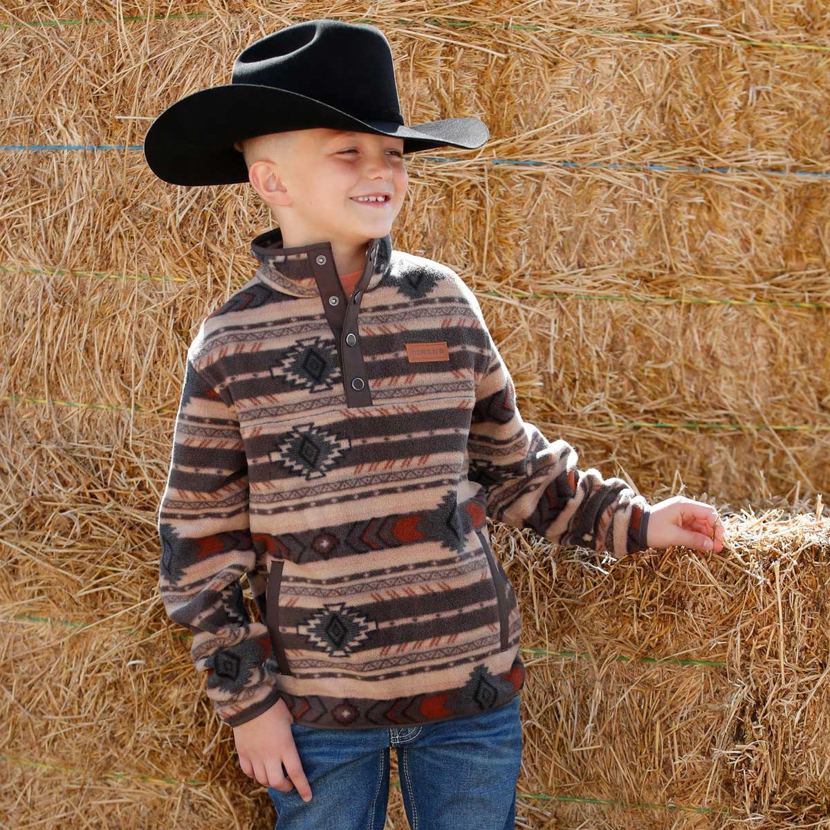 Cinch Youth Boy's Aztec Print Quarter Snap Polar Fleece Pullover in Brown
