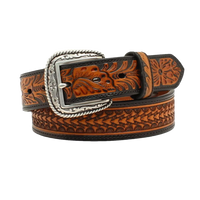 Ariat Men's Arrowhead Embossed Floral Tabs Black & Tan Leather Belt