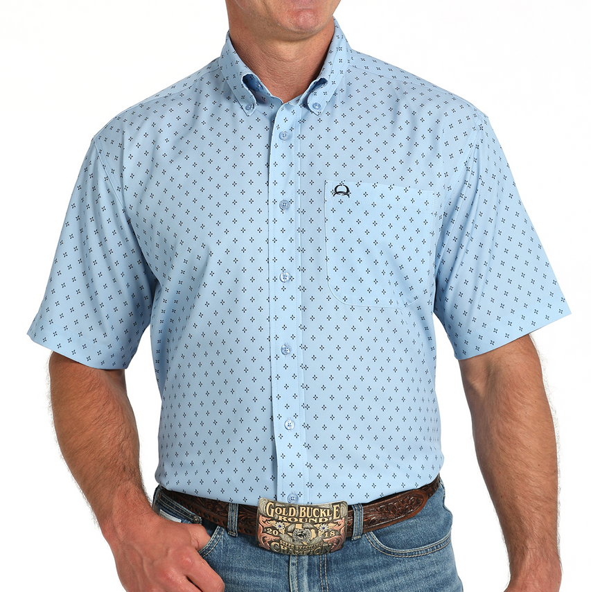 Cinch Men's S/S Arenaflex Geometric Print Western Button Down Shirt in Light Blue