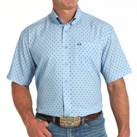 Cinch Men's S/S Arenaflex Geometric Print Western Button Down Shirt in Light Blue
