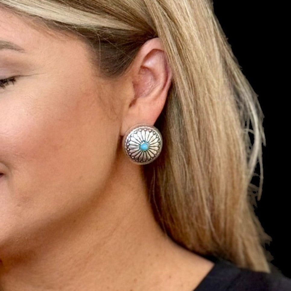 West & Co. Burnished Silver Floral Stamped Turquoise Concho Post Earrings