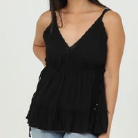 Women's Black V Neck Lace Trim Tank with Side Ties