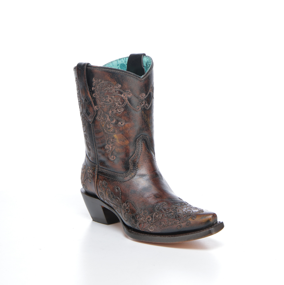 Corral Women's Floral Embroidery Snip Toe Ankle Boot in Black and Honey