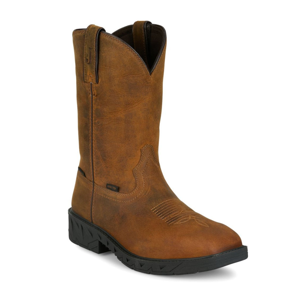 Justin Men's 11" Trencher Waterproof Water Buffalo Square Toe Boot in Brown