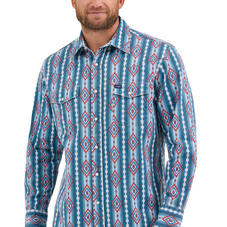 Wrangler Men's L/S Classic Fit Vintage Americana Western Snap Shirt in Blue Print