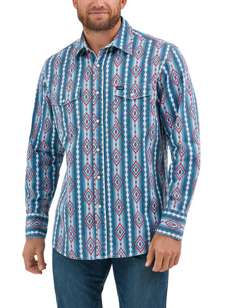 Wrangler Men's L/S Classic Fit Vintage Americana Western Snap Shirt in Blue Print