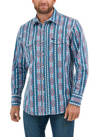 Wrangler Men's L/S Classic Fit Vintage Americana Western Snap Shirt in Blue Print