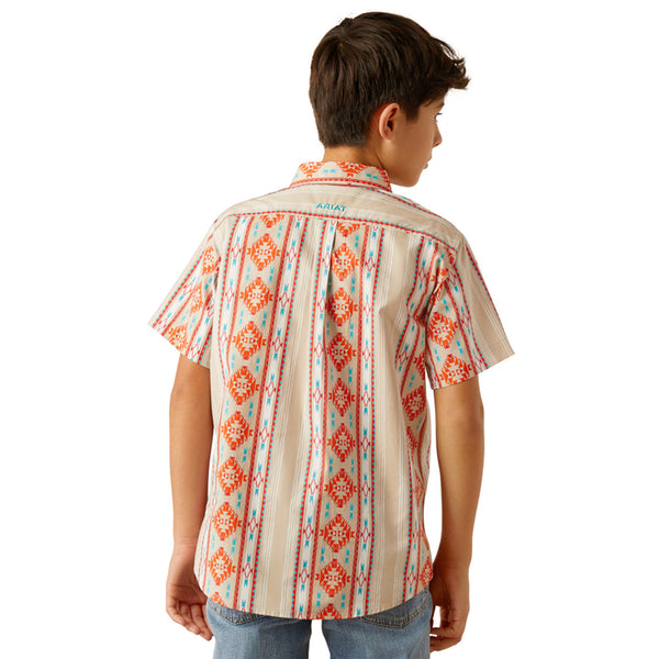 Ariat Boy's S/S Wade Classic Fit Western Button Down Shirt in Tan Aztec Stripe