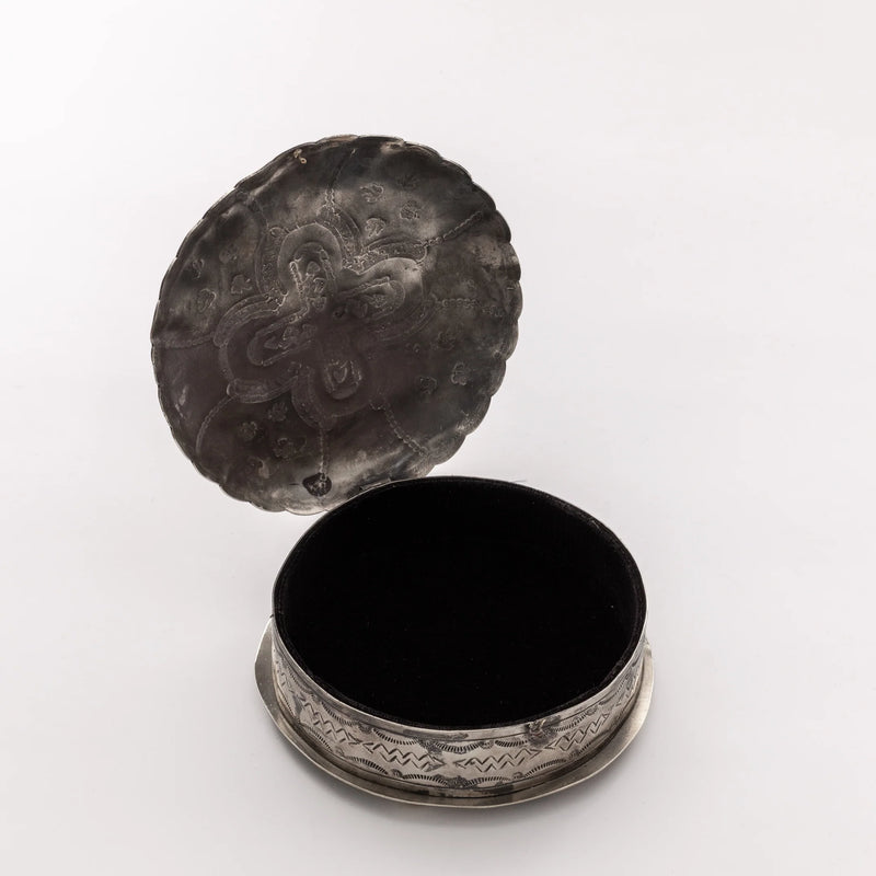 Medium Stamped Round Box With Turquoise Stone by J. Alexander Rustic Silver
