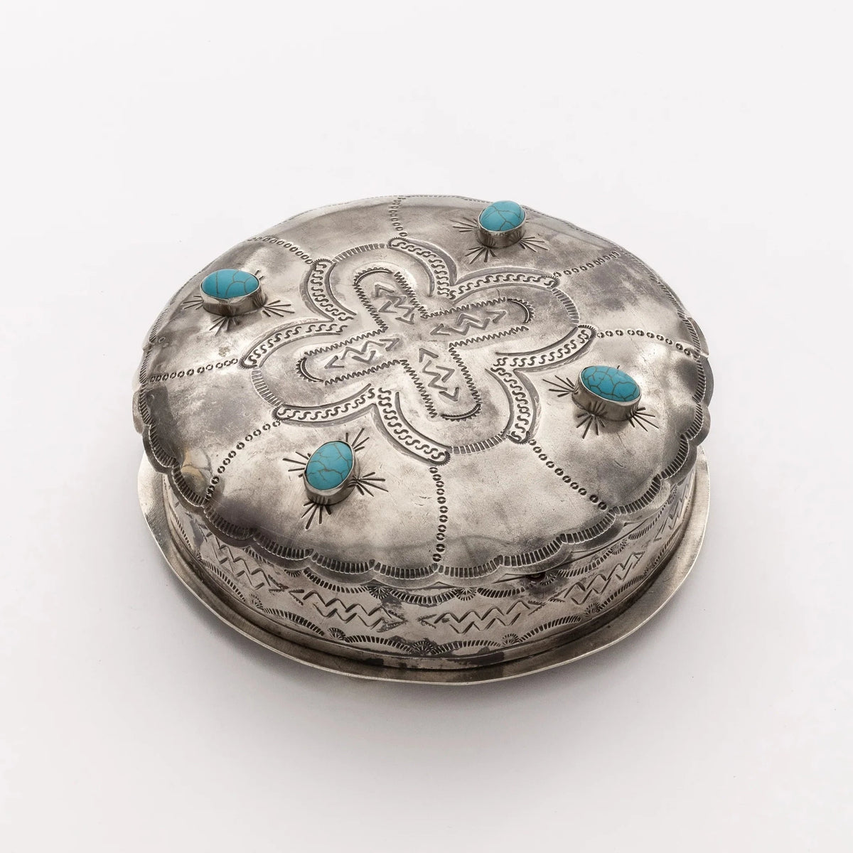 Medium Stamped Round Box With Turquoise Stone by J. Alexander Rustic Silver