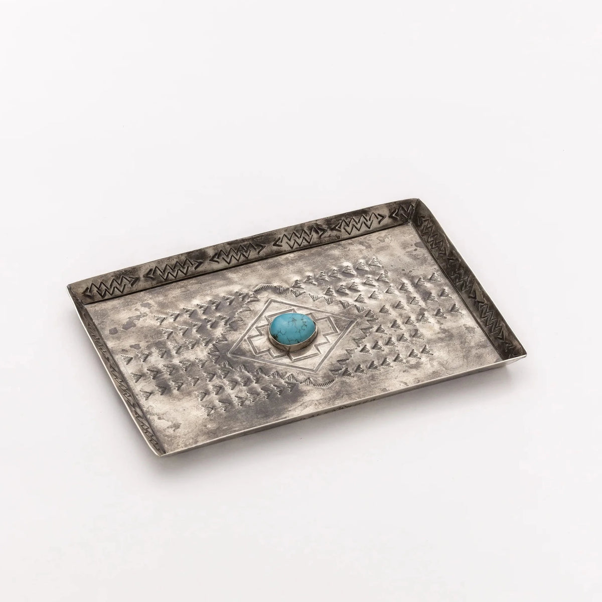 Medium Stamped Silver Tray With Turquoise By J. Alexander Rustic Silver