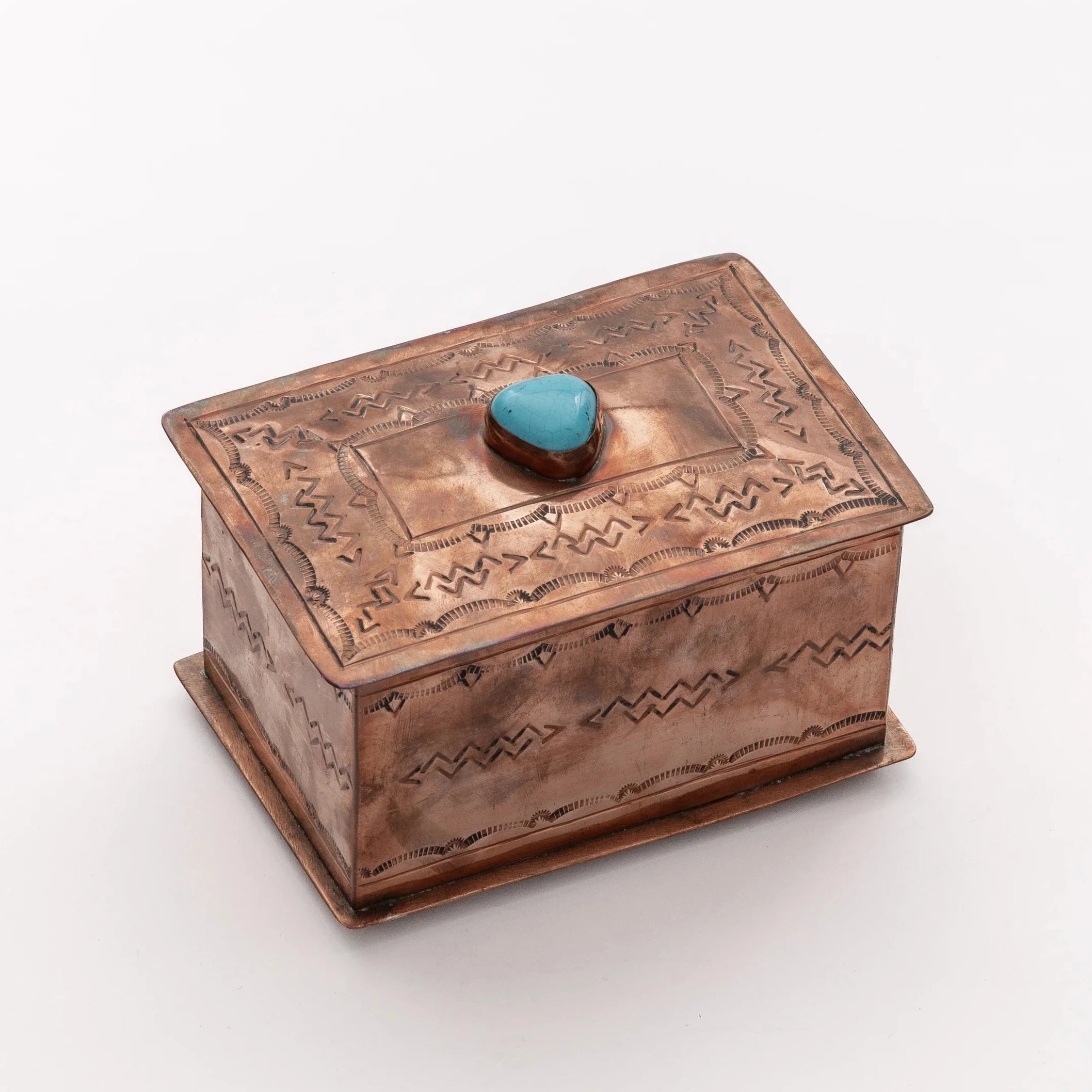 Medium Stamped Copper Box With Turquoise Stone by J. Alexander