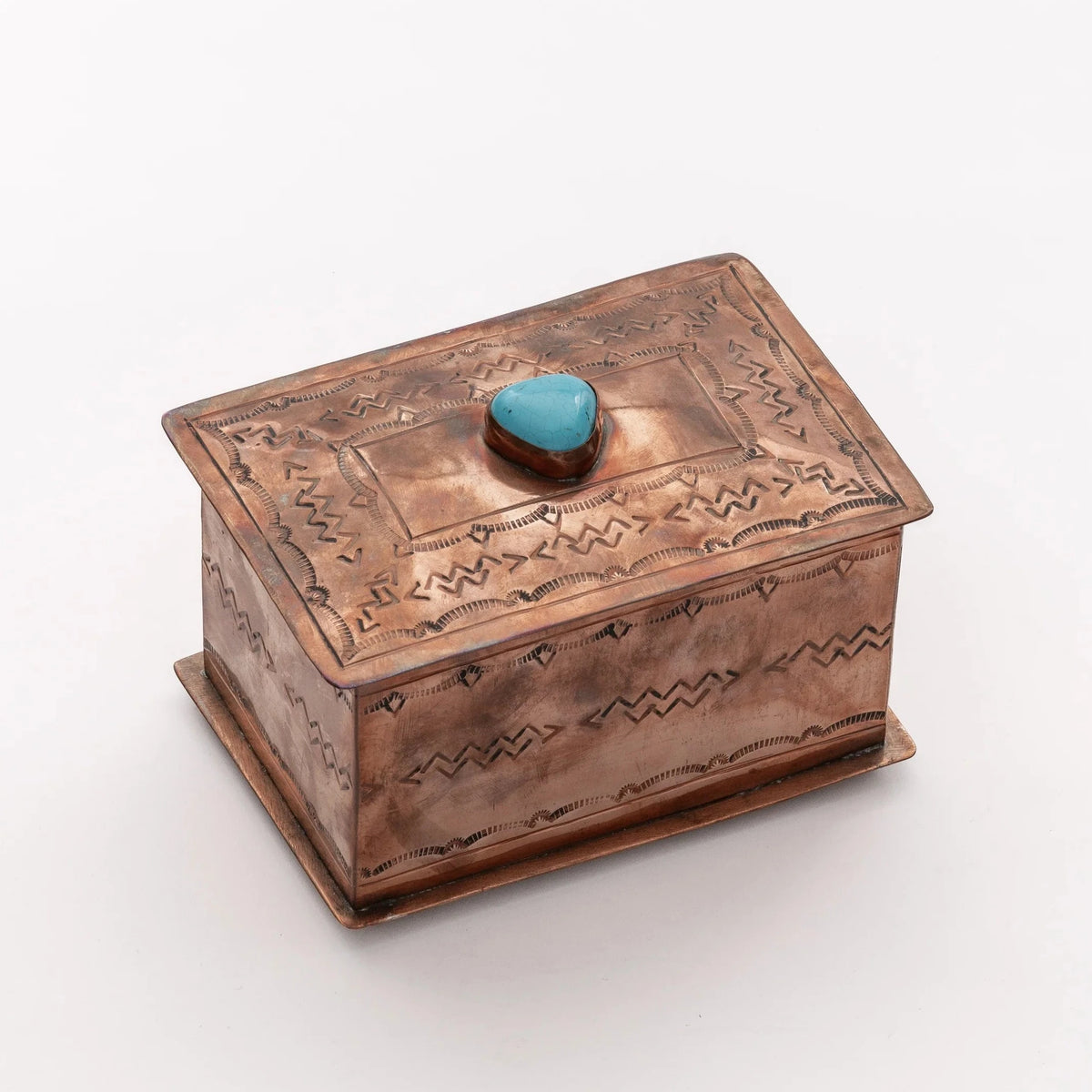 Medium Stamped Copper Box With Turquoise Stone by J. Alexander Rustic Silver