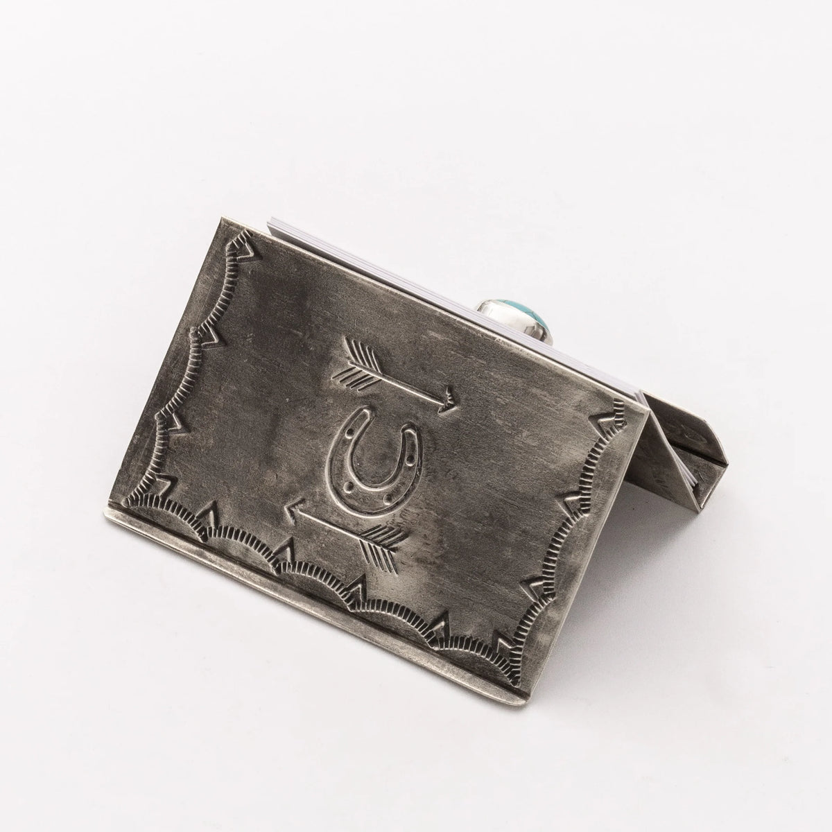 Stamped Silver Business Card Holder With Turquoise Stone By J. Alexander Rustic Silver