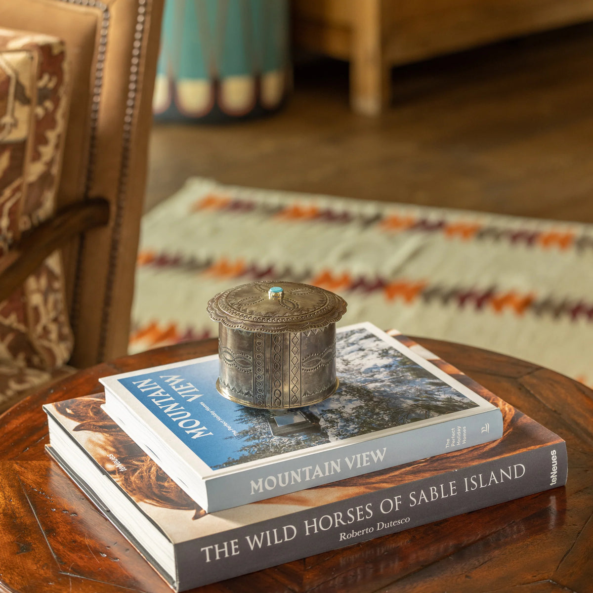 Small Stamped Round Box with Turquoise Stone by J. Alexander Rustic Silver