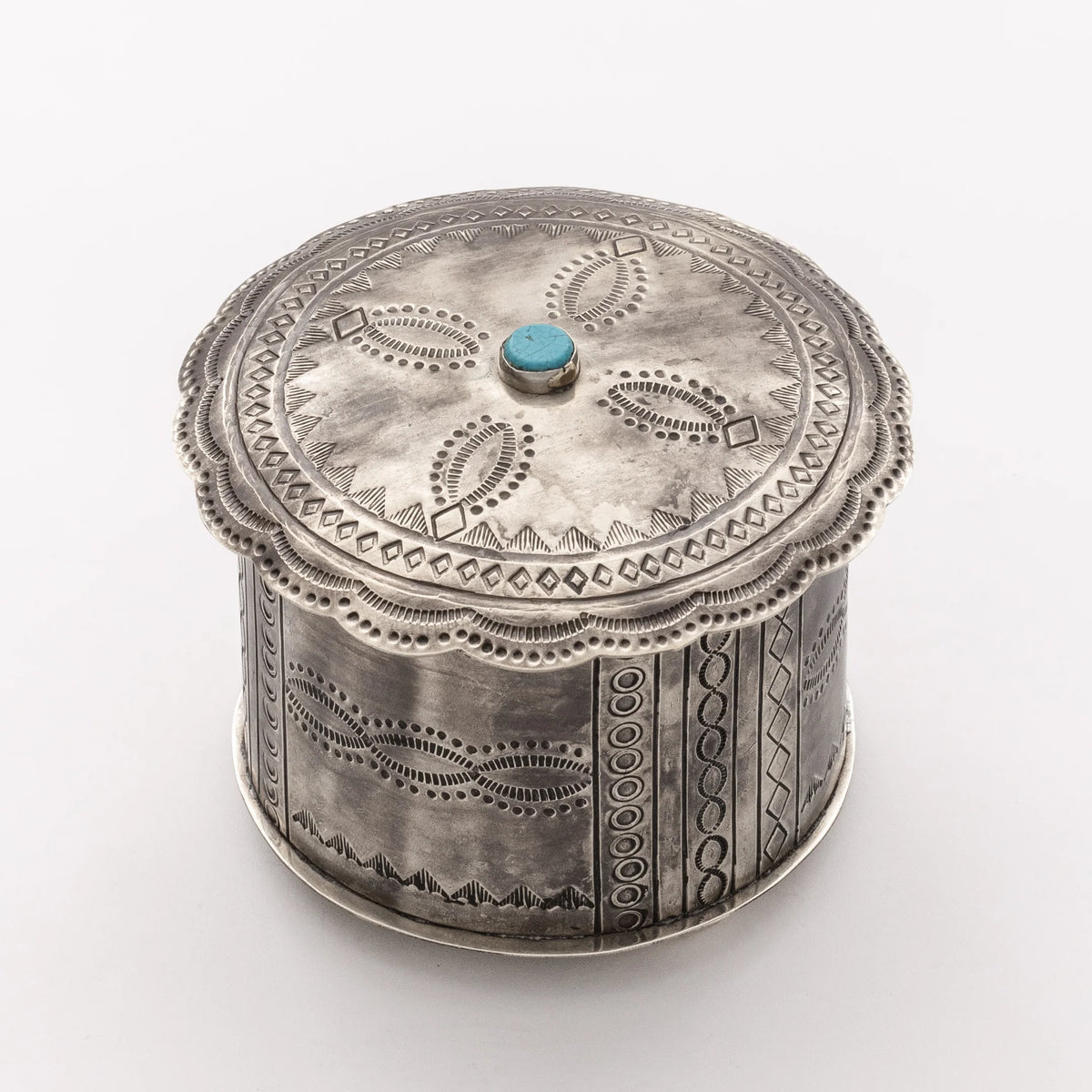 Small Stamped Round Box with Turquoise Stone by J. Alexander Rustic Silver
