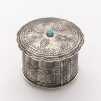 Small Stamped Round Box with Turquoise Stone by J. Alexander Rustic Silver